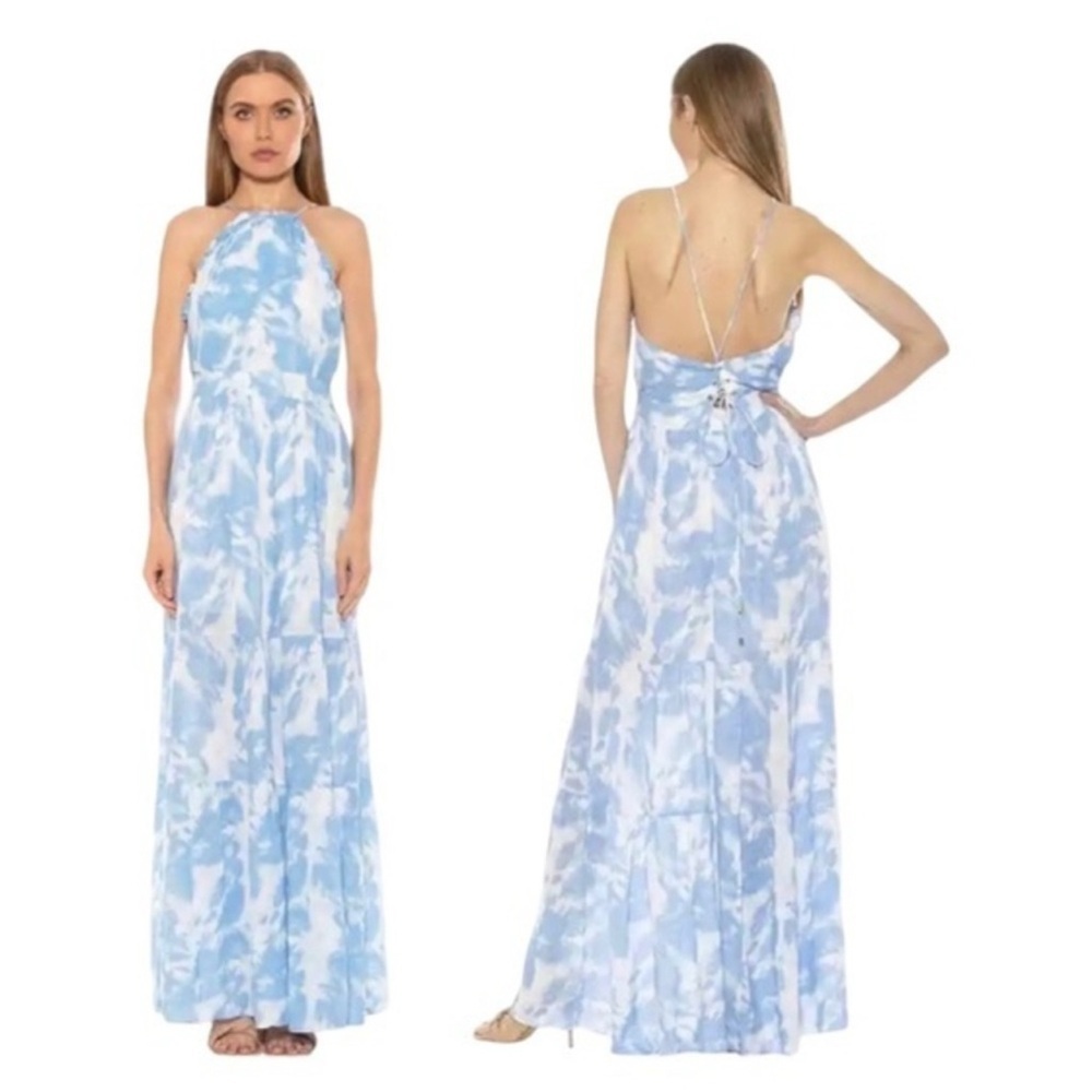 Alexia Admor Kira Ruffled Halter Maxi Dress NWT Blue White Size 6